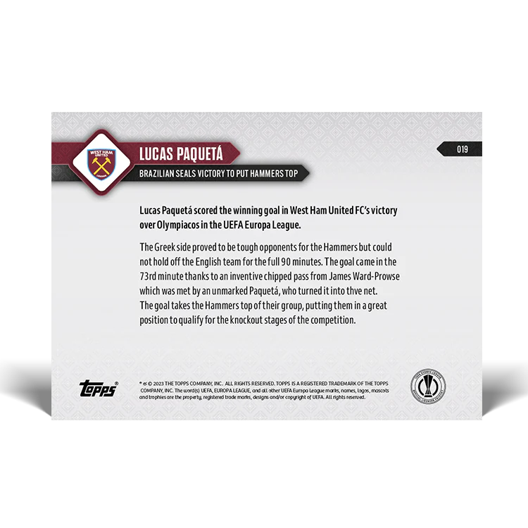 Topps UK - Lucas Paquetá - Brazilian seals victory to put Hammers top - UEL TOPPS NOW® Card #19