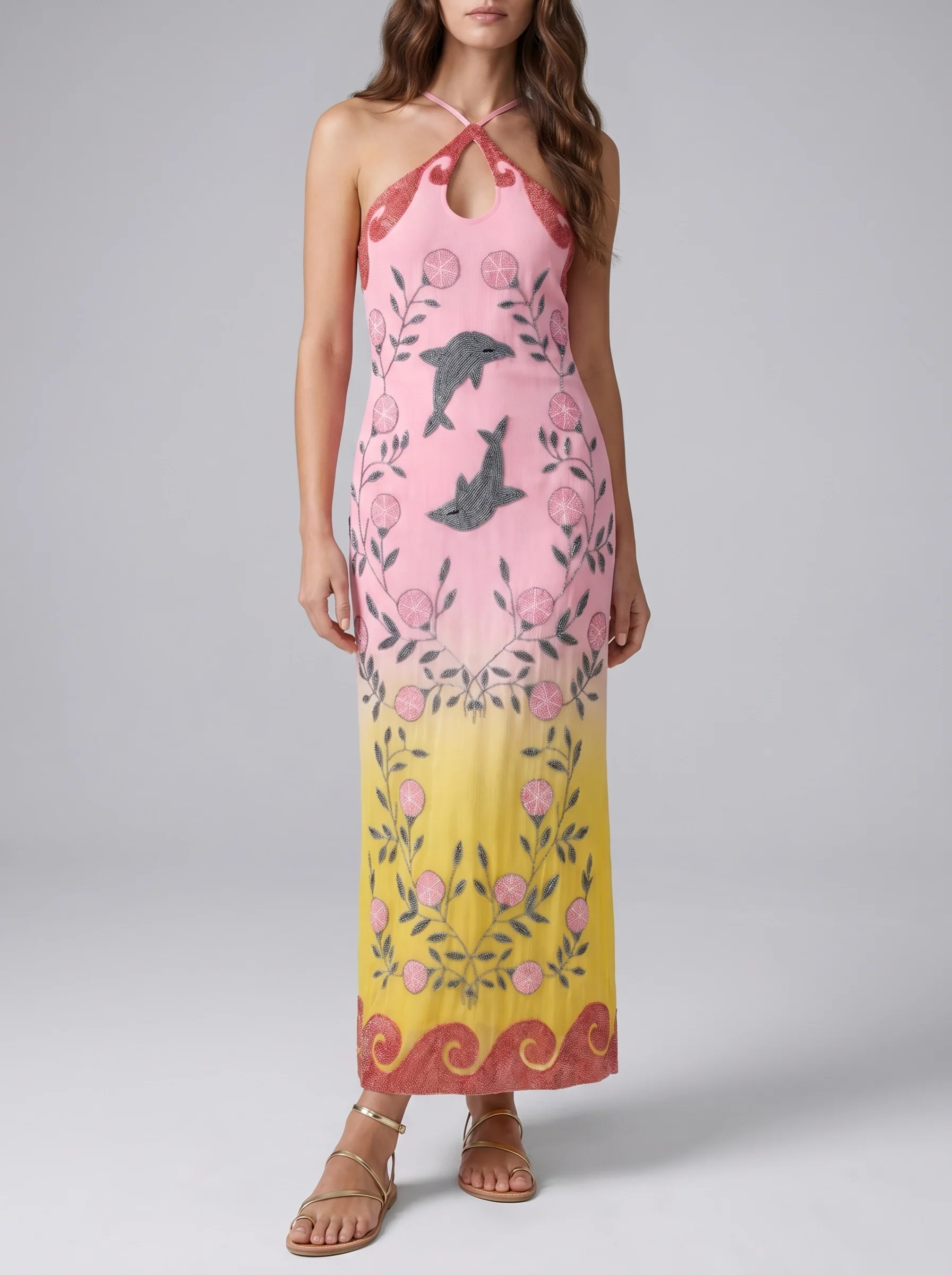 Dolphin Sunset Pink Ombré Hand Beaded Maxi Dress