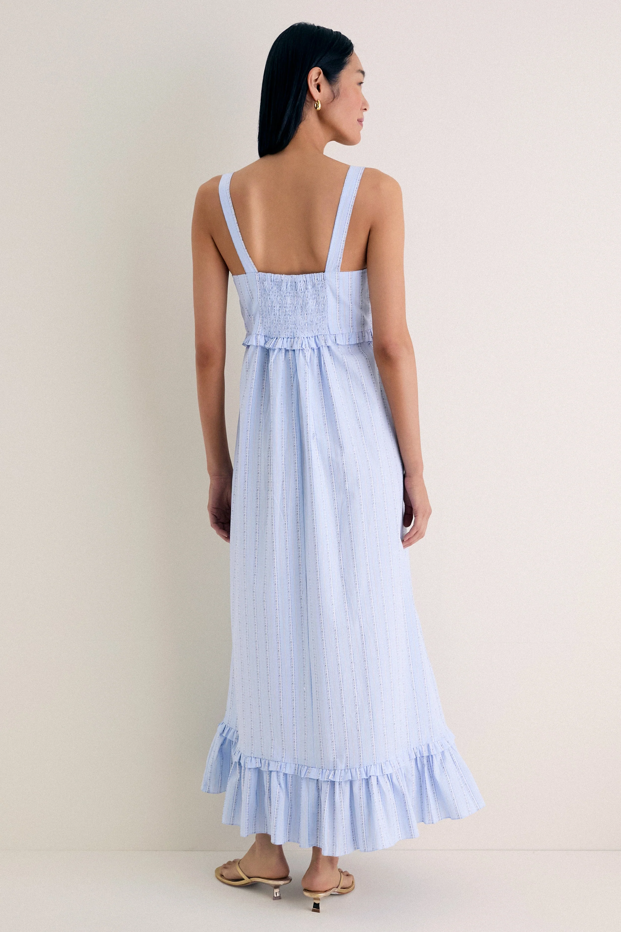 Sky Blue Striped Ruffle Maxi Dress