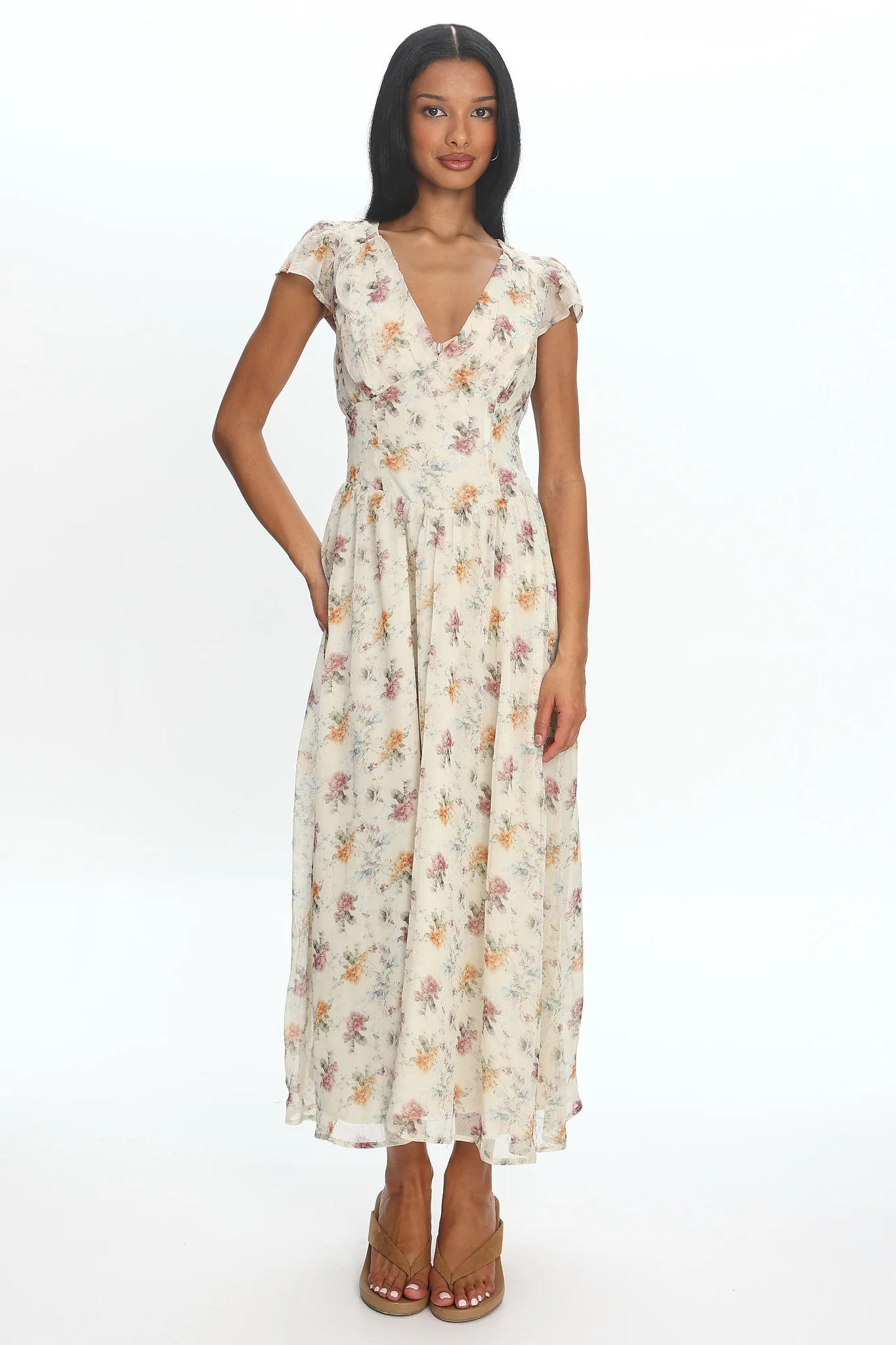 Angel Wings V-Back Pleat Maxi Dress Mint Floral