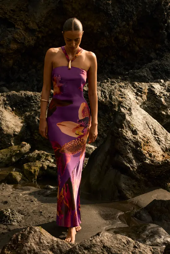 Viscose Satin Floral Print Halter Neck Maxi Dress
