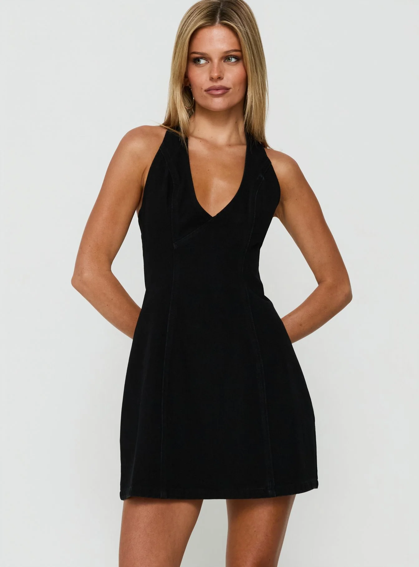 Say Goodnight Denim Halter Mini Dress Black Denim