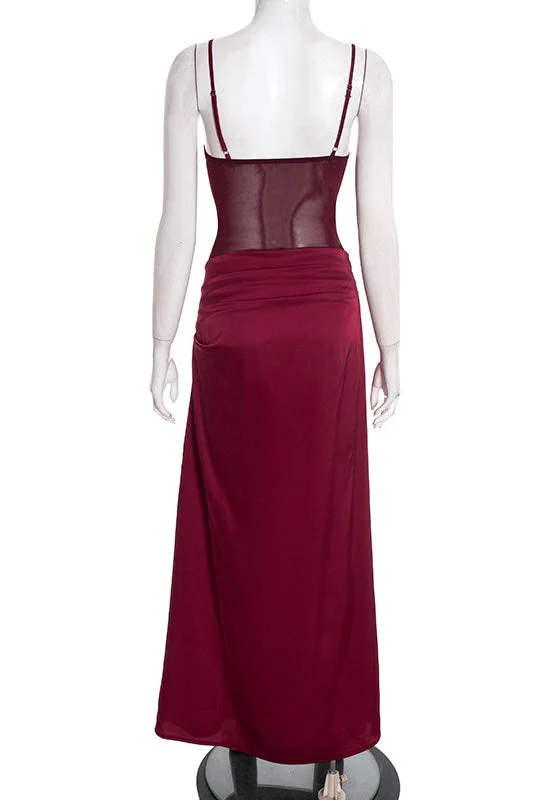 Straps Burgundy Sheer Draped Long Dress