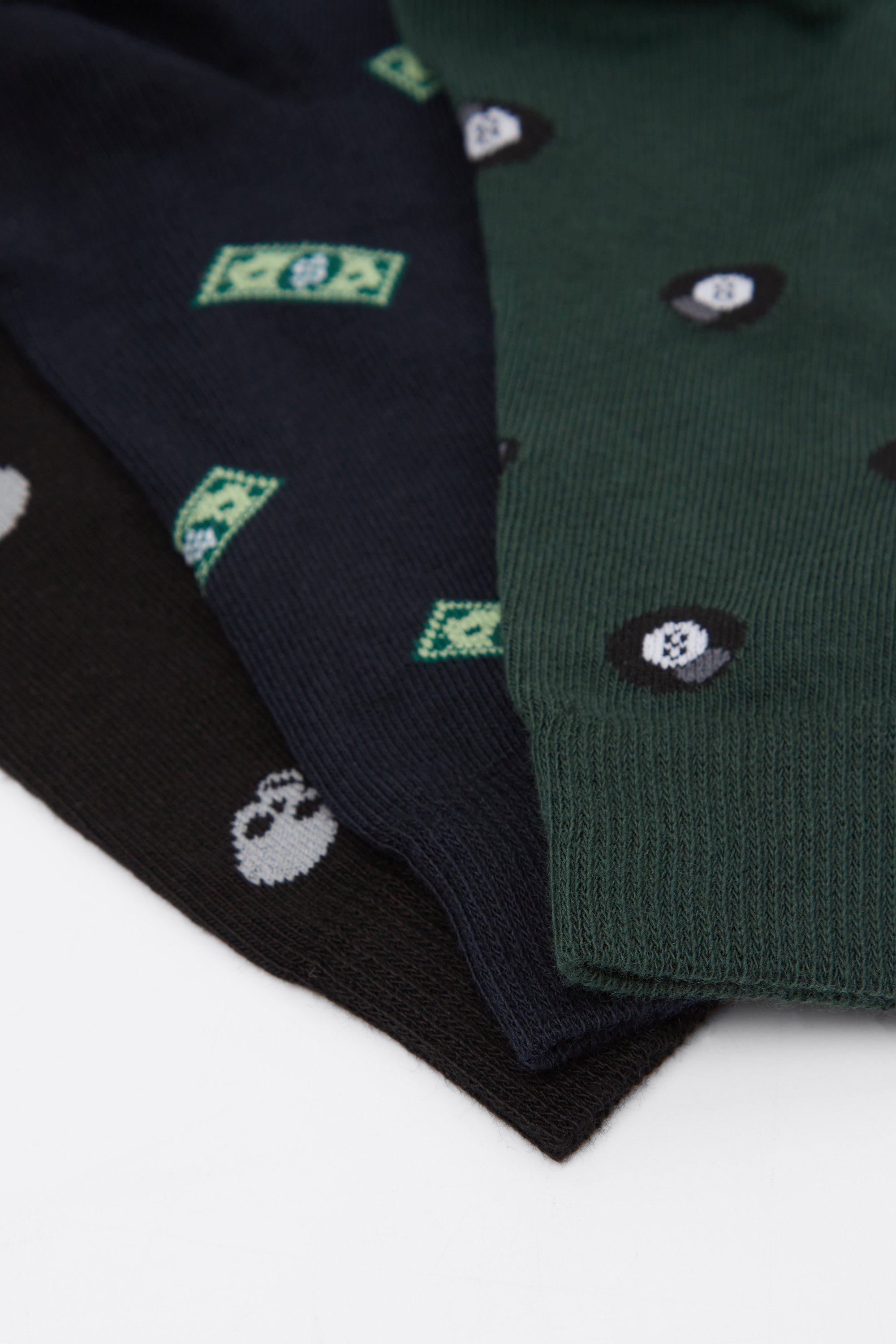 Three Pairs of Men's Short Patterned Hemless Cotton Socks