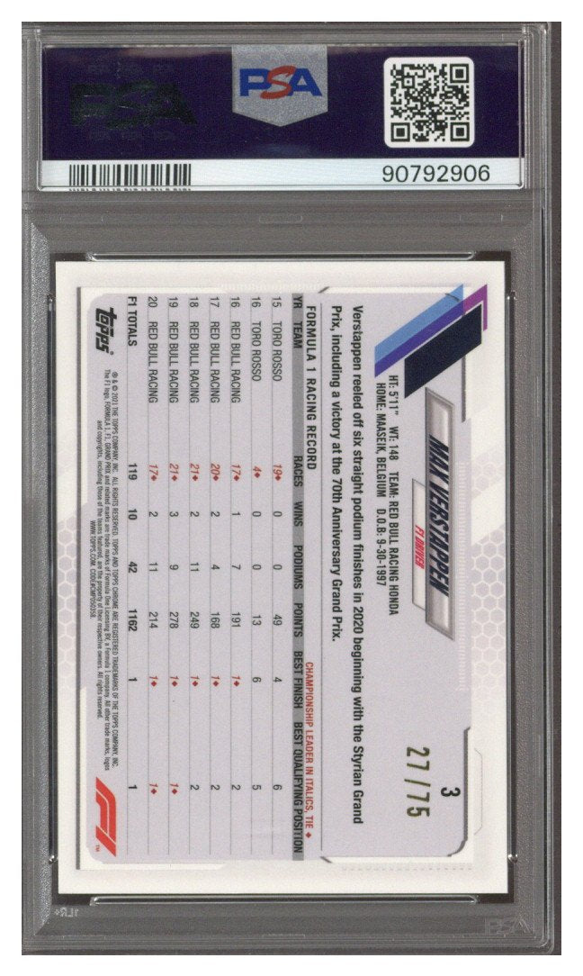 2021 Topps Chrome Sapphire F1 Max Verstappen SP Green #27/75 PSA 10
