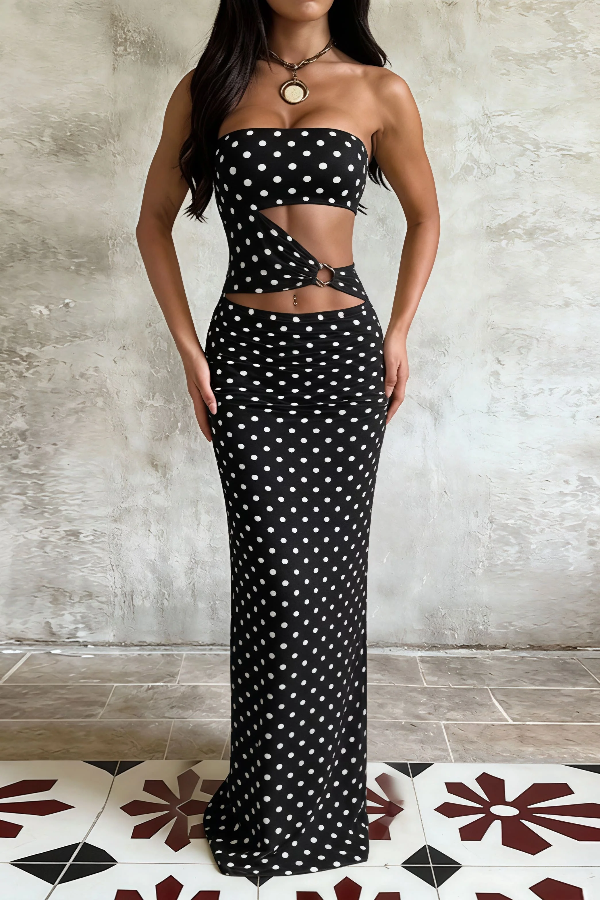 Printed Strapless Cut Out Bodycon Maxi Dress