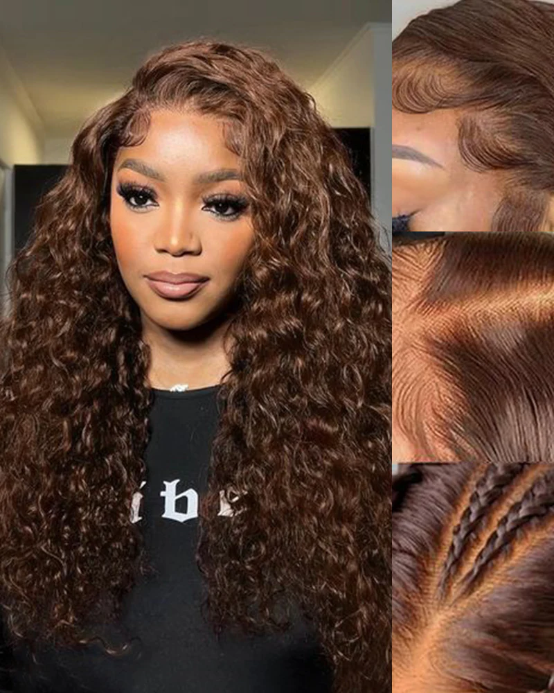 Ophirawig 13x4 Frontal Lace Chocolate Brown Water Wave Wig Invisible Knots Realistic Hairline