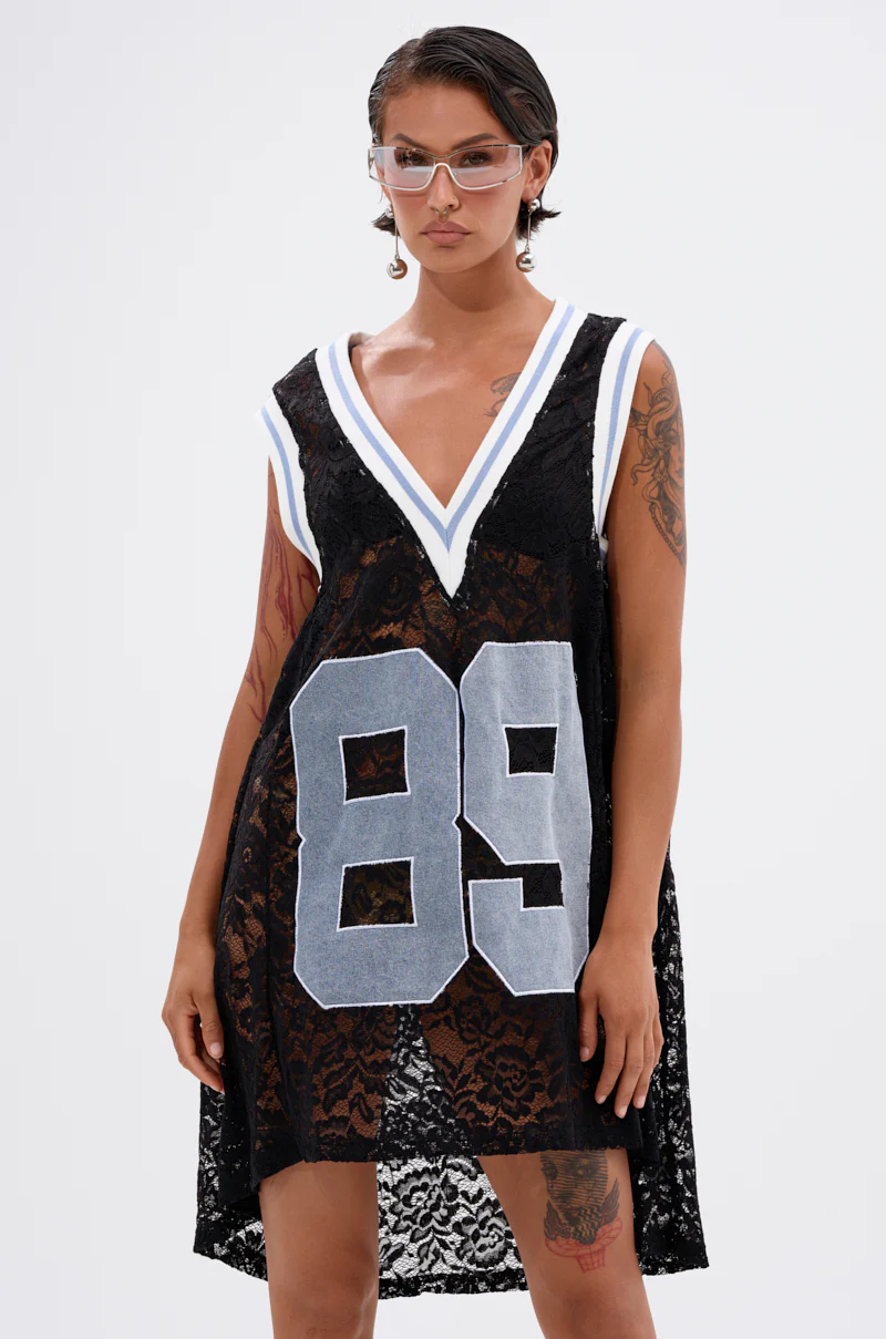 On The Sidelines Lace Jersey Mini Dress With Denim