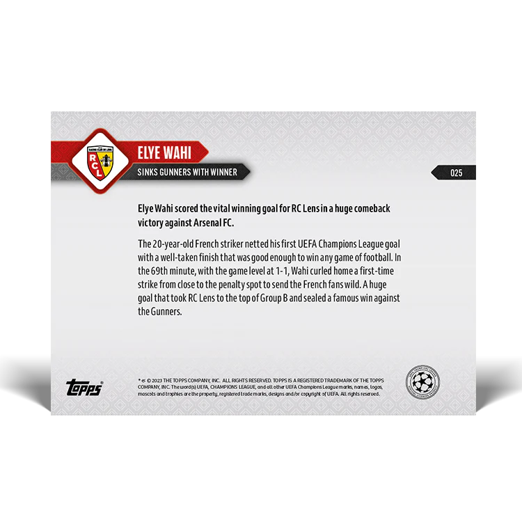 Topps UK - Elye Wahi - Sinks Gunners with winner - UCL TOPPS NOW® Card #25
