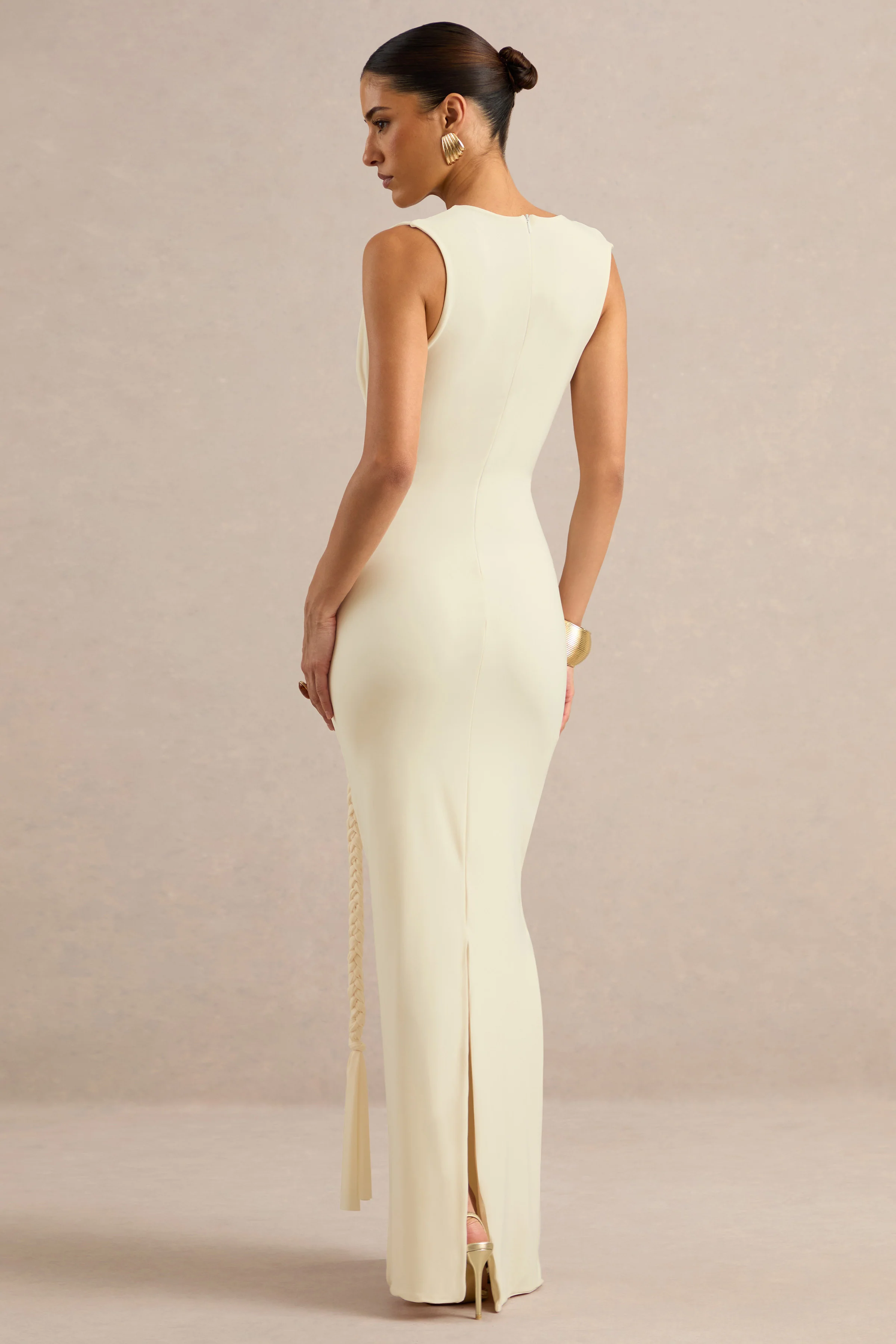 Nalina | Cream Jersey Ruched Plunge Maxi Dress With Gold Trim And Braided Sash Detailing