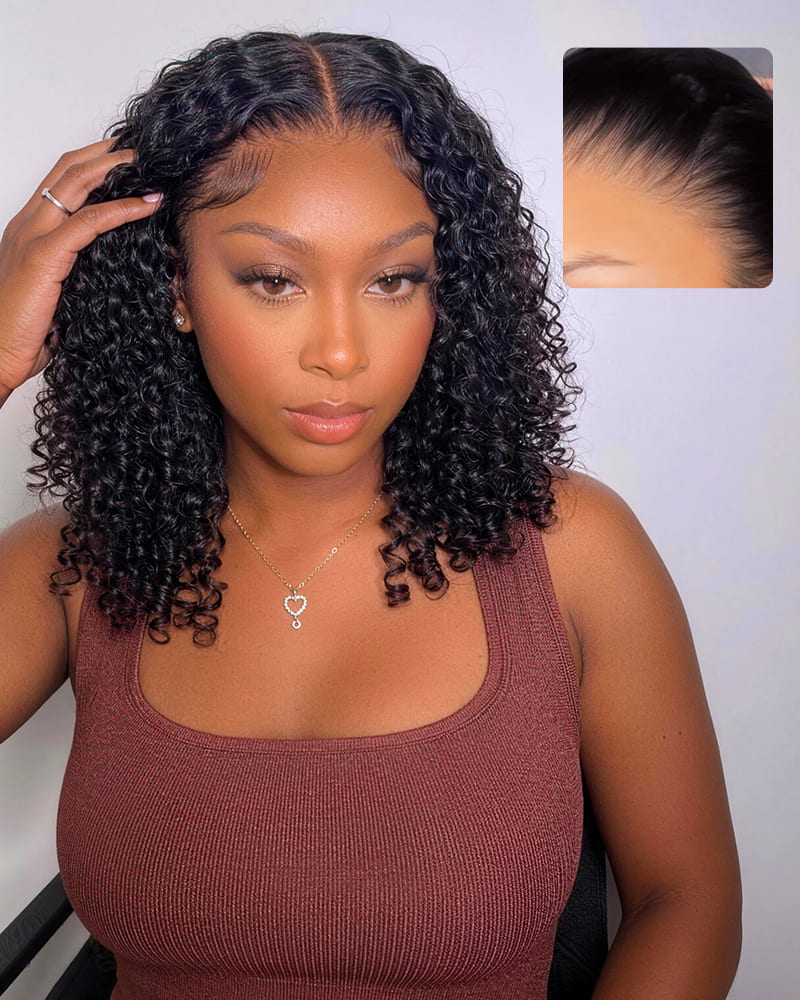 Ophirawig 13x5 Lace Glueless Jerry Curly Bob Wig With Pre-Cut Lace Invisible Knots Natural Black Virgin Hair Wig