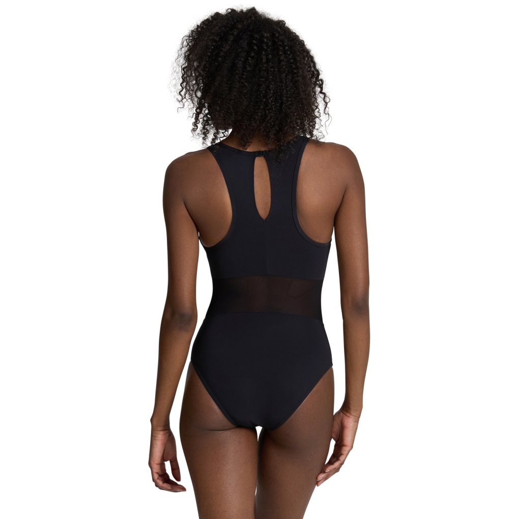 arena Feel Mesh Panel Vent Back Swimsuit Women - Black