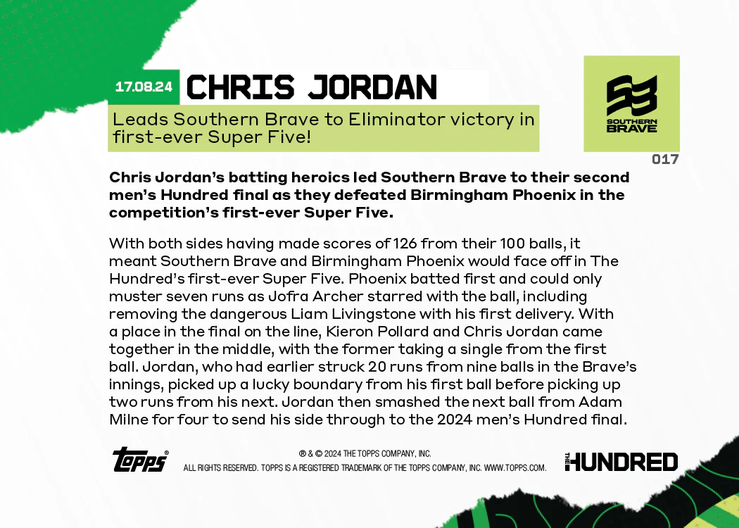 Chris Jordan - Leads Southern Brave to Eliminator victory in first-ever Super Five! - 2024 The Hundred TOPPS NOW® Card 17