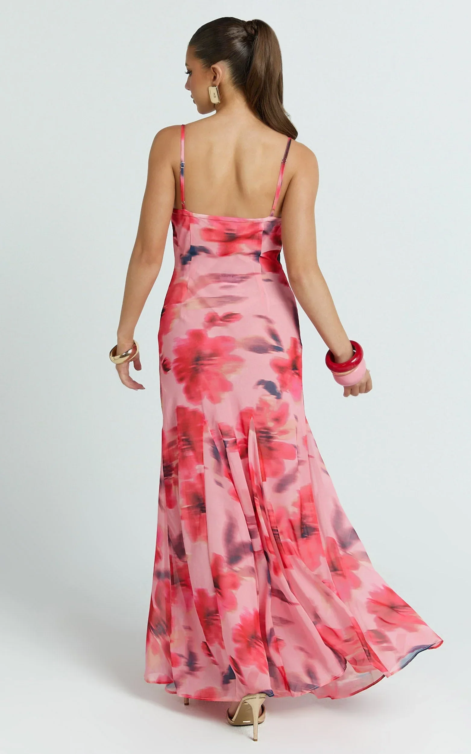 Claudia Maxi Dress - Floral Cowl Neck Godet Dress in Pink Floral