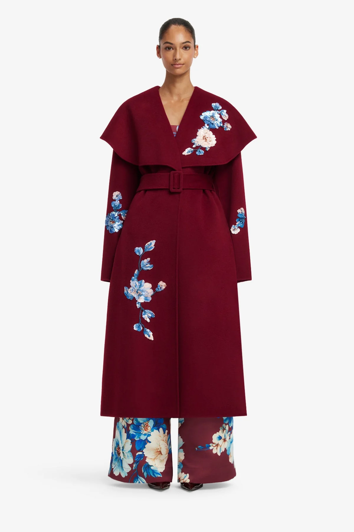Joan Embroidered Wool Coat - Cosmos Print