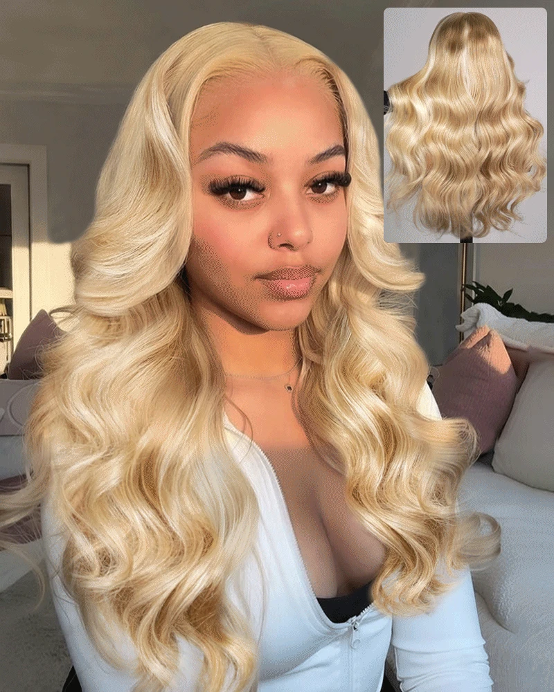 Ophirawig 13x6 Three-Go? Blonde Khaki Highlight Glueless Loose Body Wave With Drawstring 100% Human Hair Wig