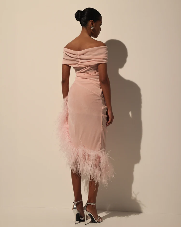 Velvet Pink Midi Dress with Feathers