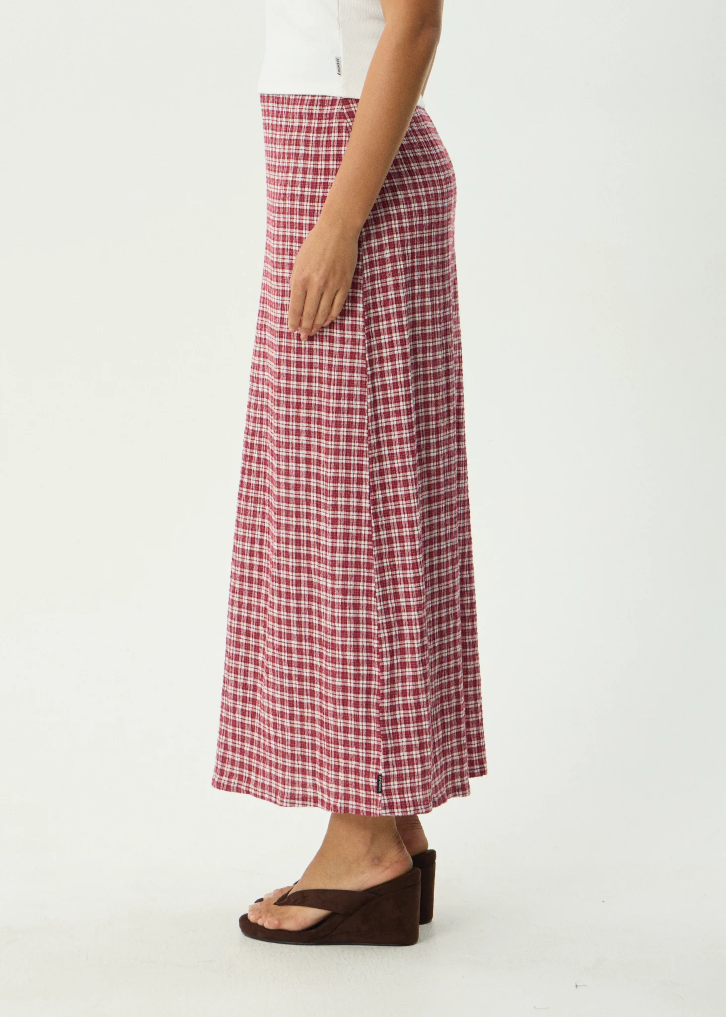 AFENDS Womens Lita - Seersucker Maxi Skirt - Base Burgundy Check