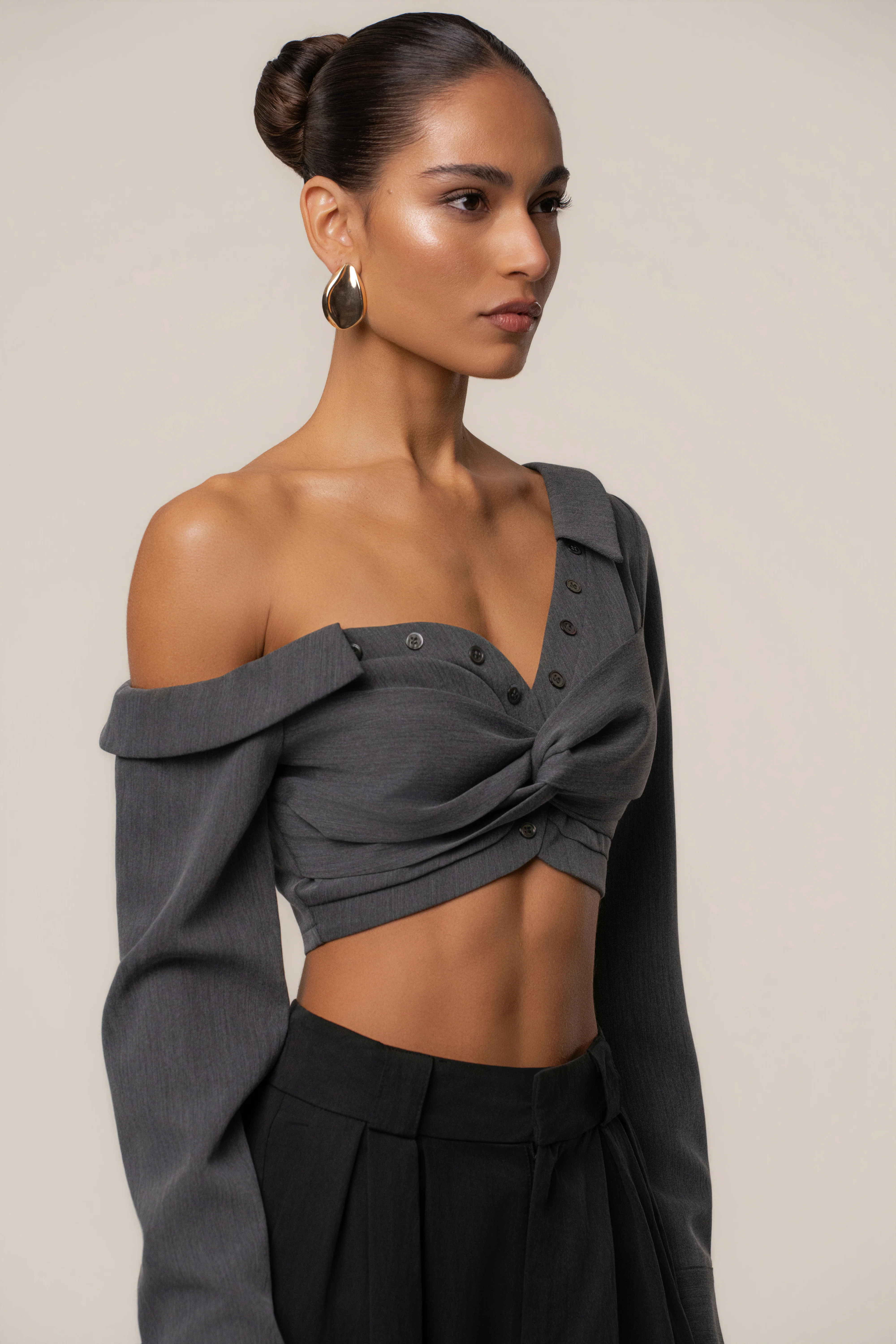 Grey Off-Shoulder Twist Crop Top