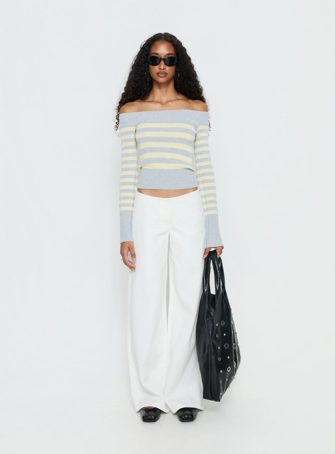 Perrey Long Sleeve Off Shoulder Top Knit Yellow / Grey Stripe