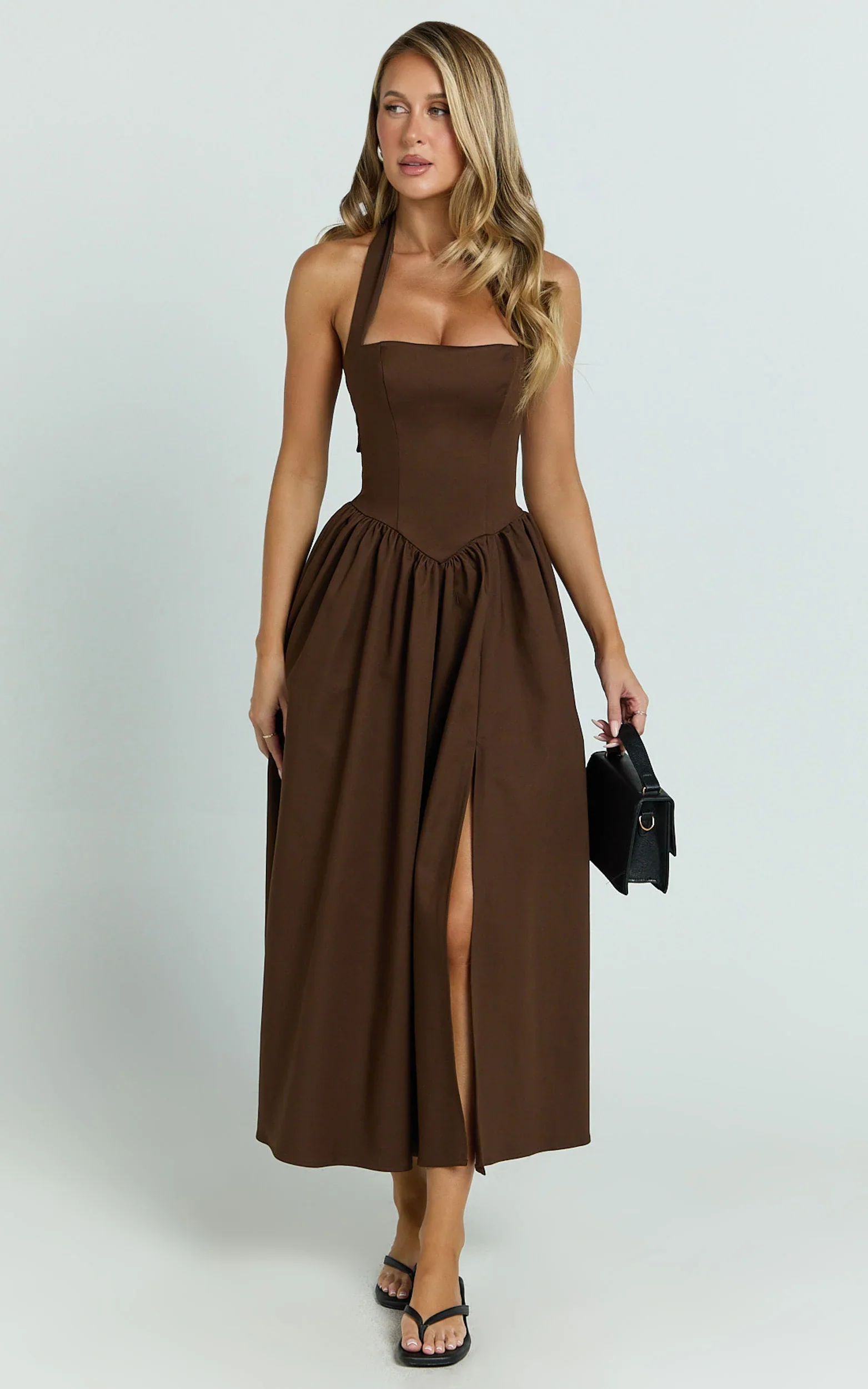 Helda Midi Dress - Halter Tie Neck Corset Panel Dress in Chocolate