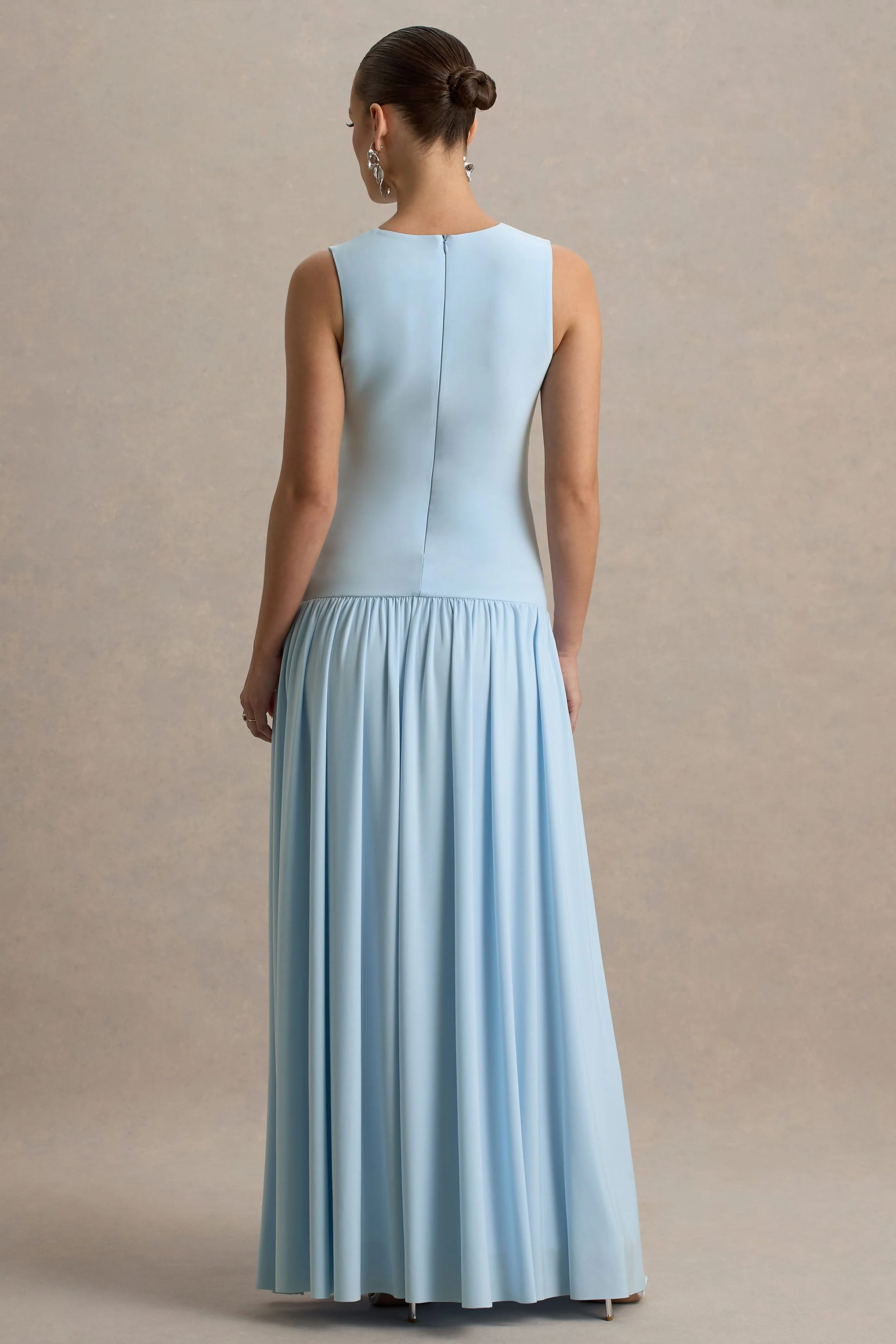 Outline | Powder Blue Crew-Neck Maternity Maxi Dress With Pleated Skirt