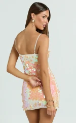 Wilfreda Mini Dress - Sequin Square Neck Bodycon Dress in Peach