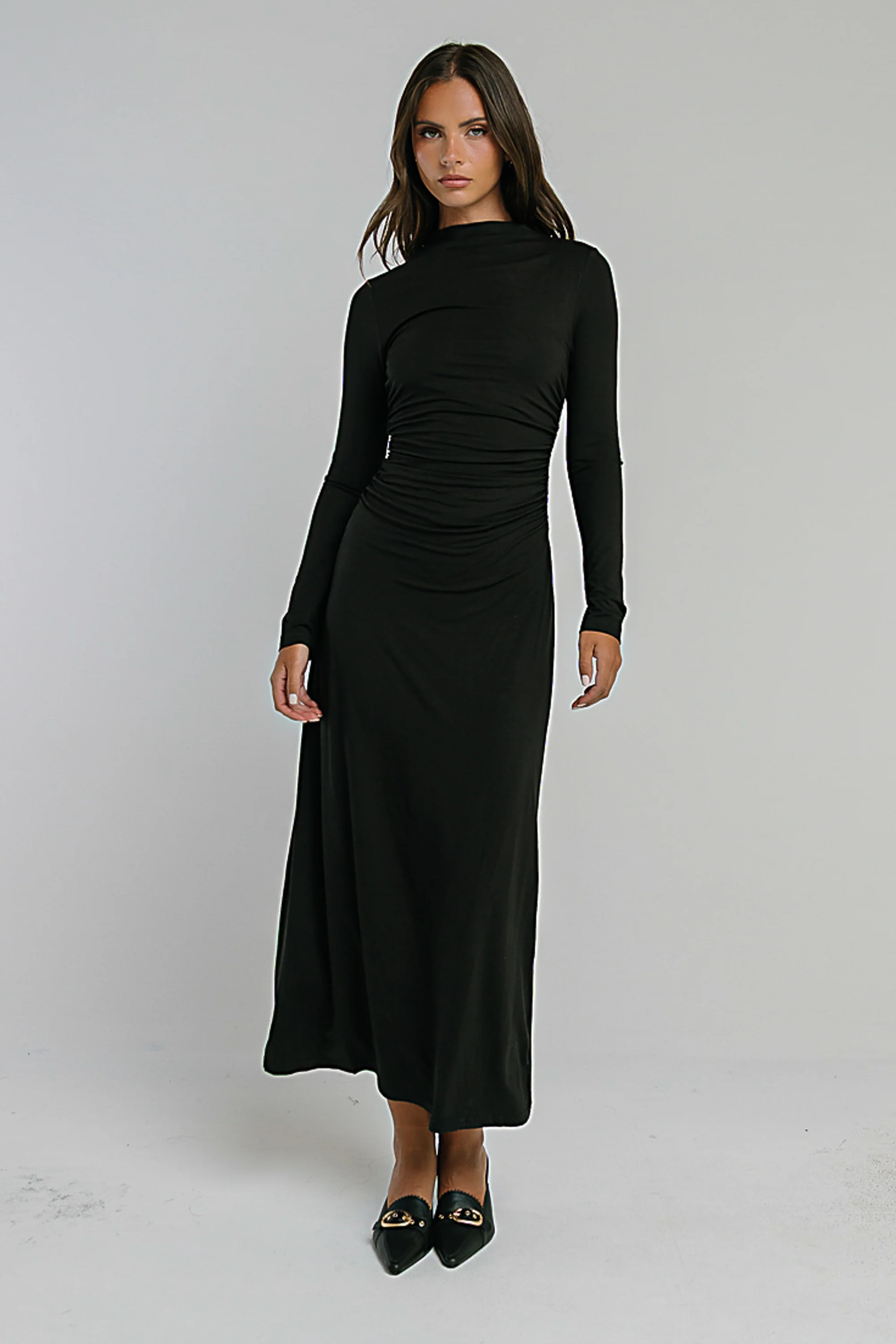 Ruth Ruched Midi Dress in Black