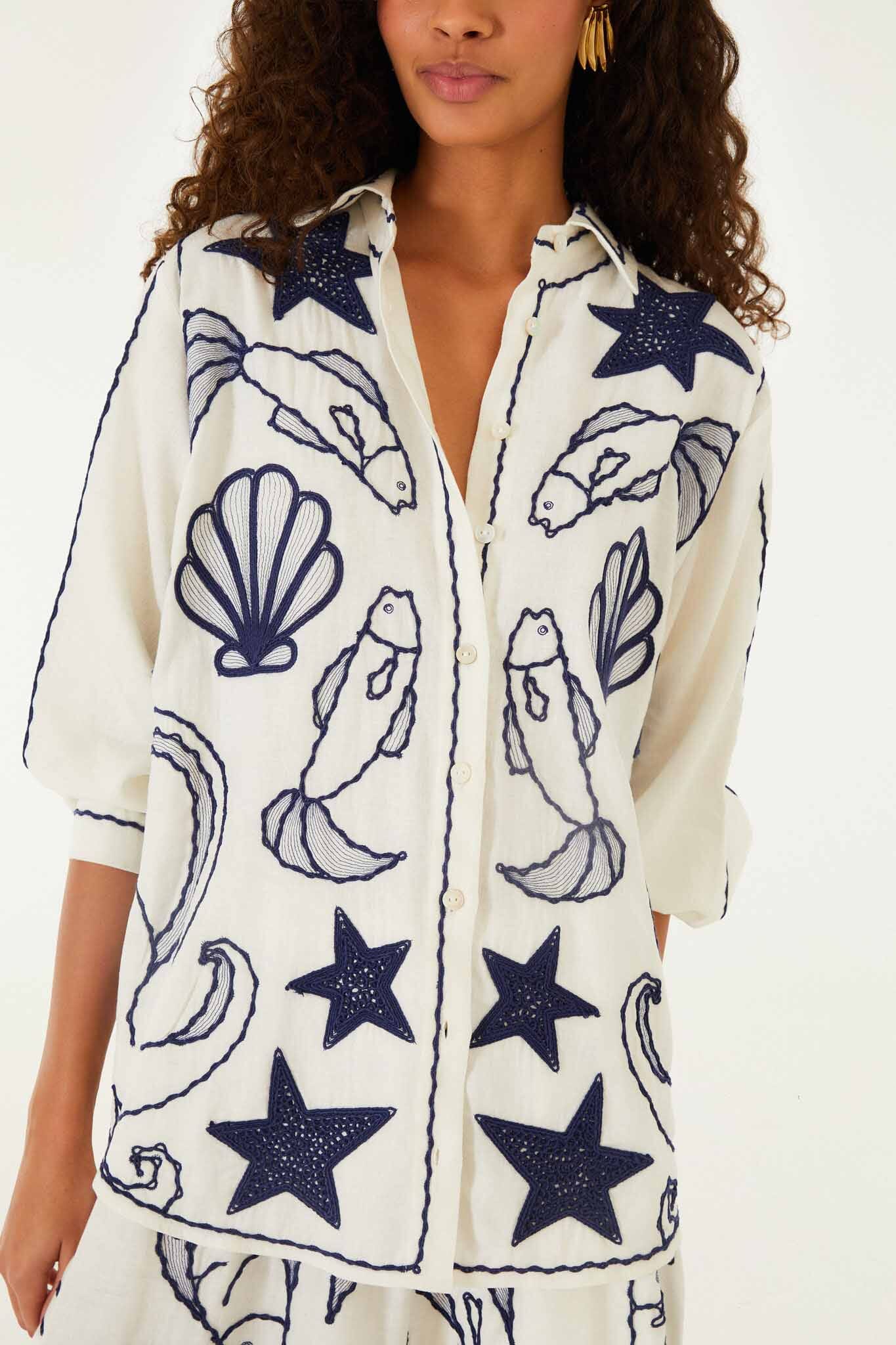 Off-White Fresh Fish Embroidered Puff Sleeve Shirt