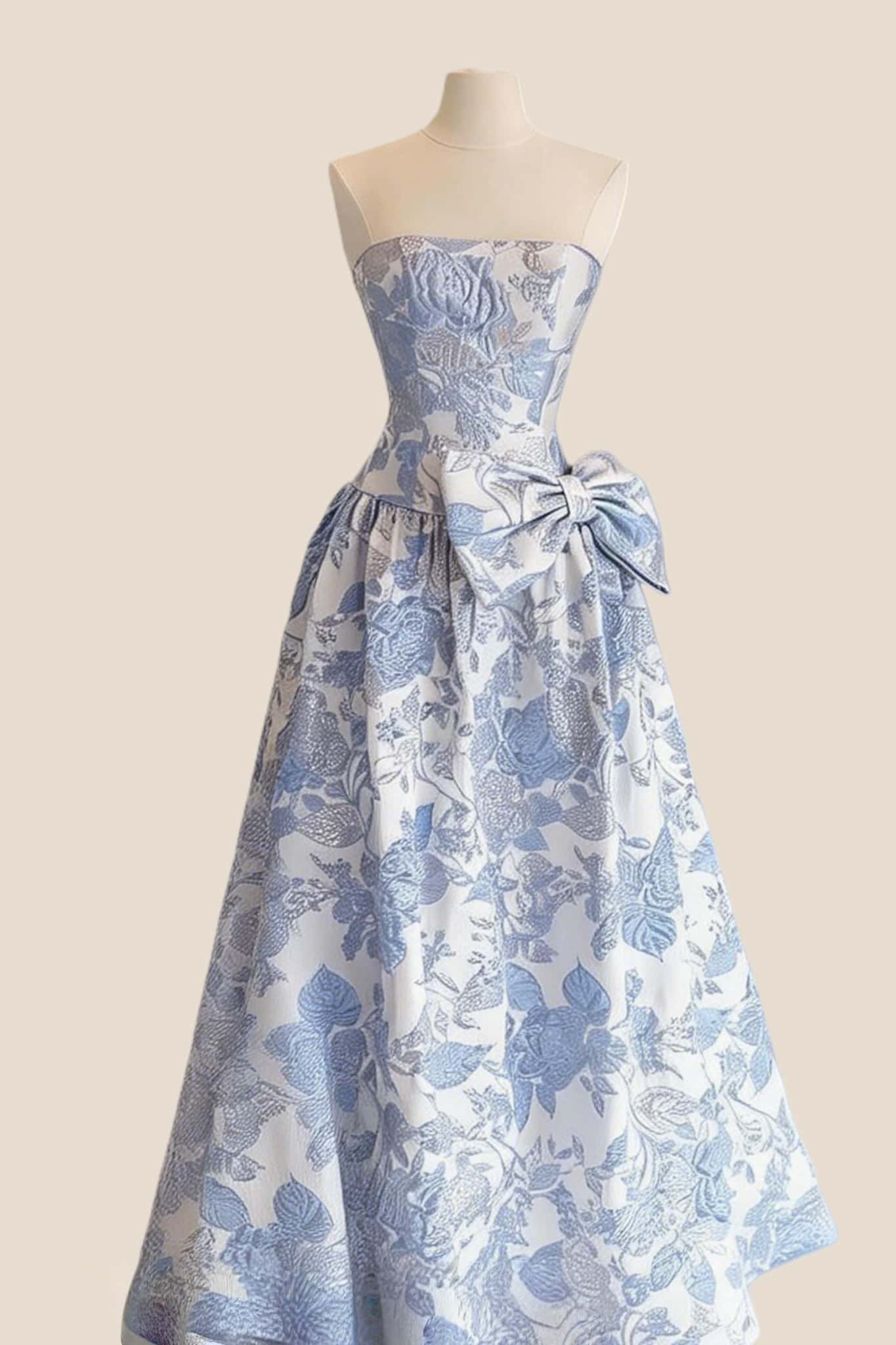 Purple Floral Strapless A-line Bow Prom Dress