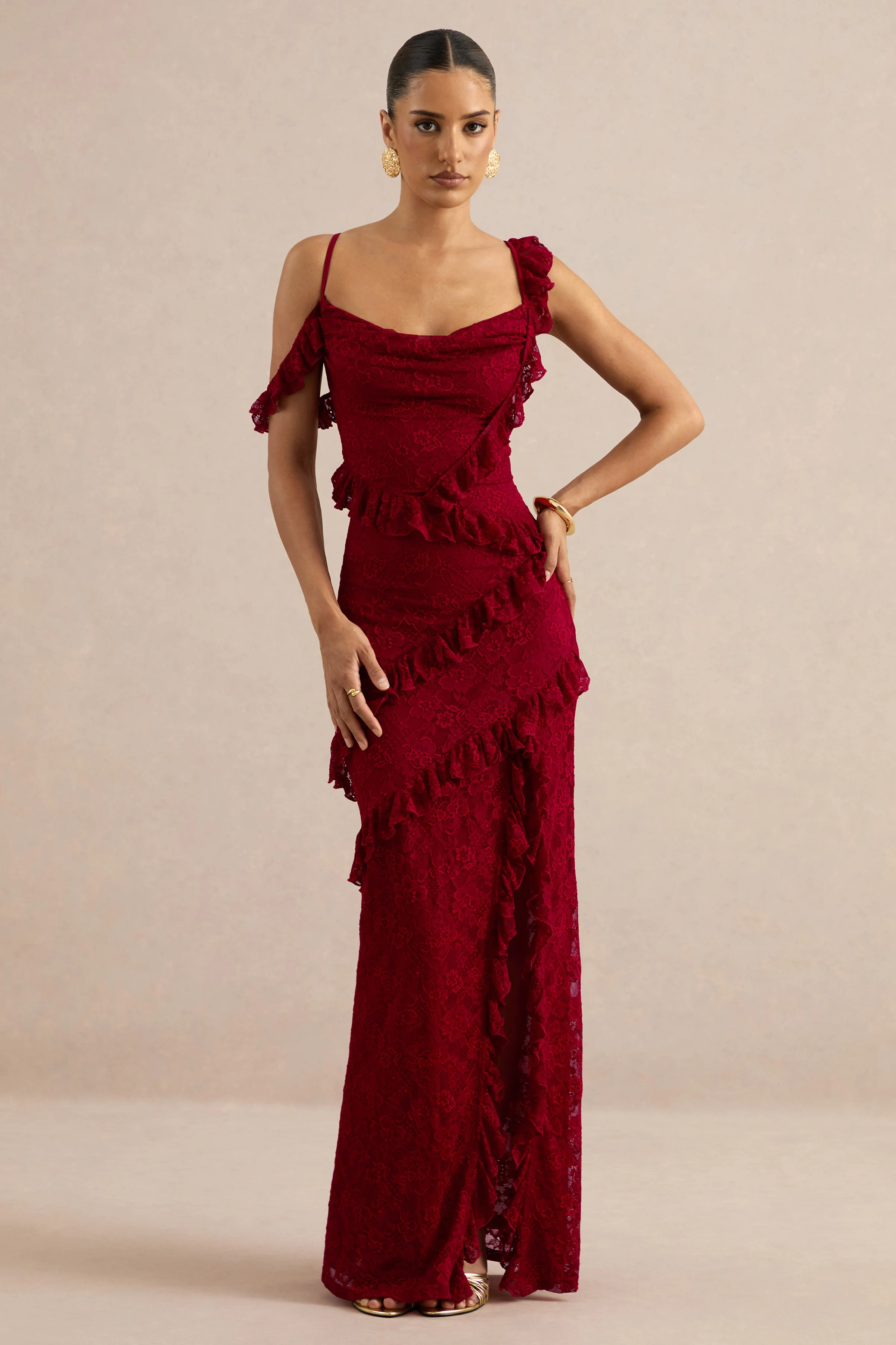 Sera | Red Lace Ruffle Trim Maxi Dress