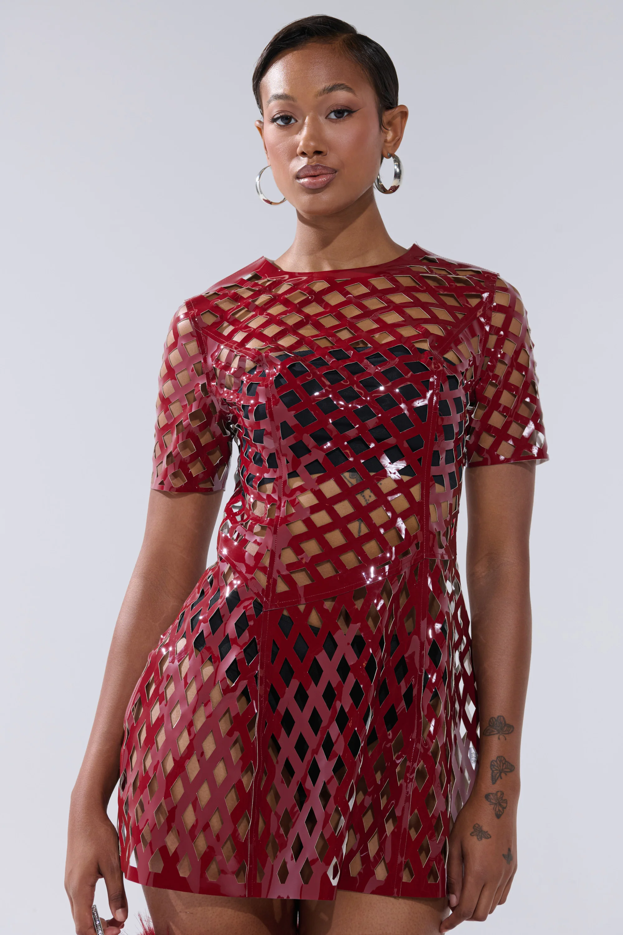 She'S Different Cut Out Faux Leather Mini Dress In Burgundy