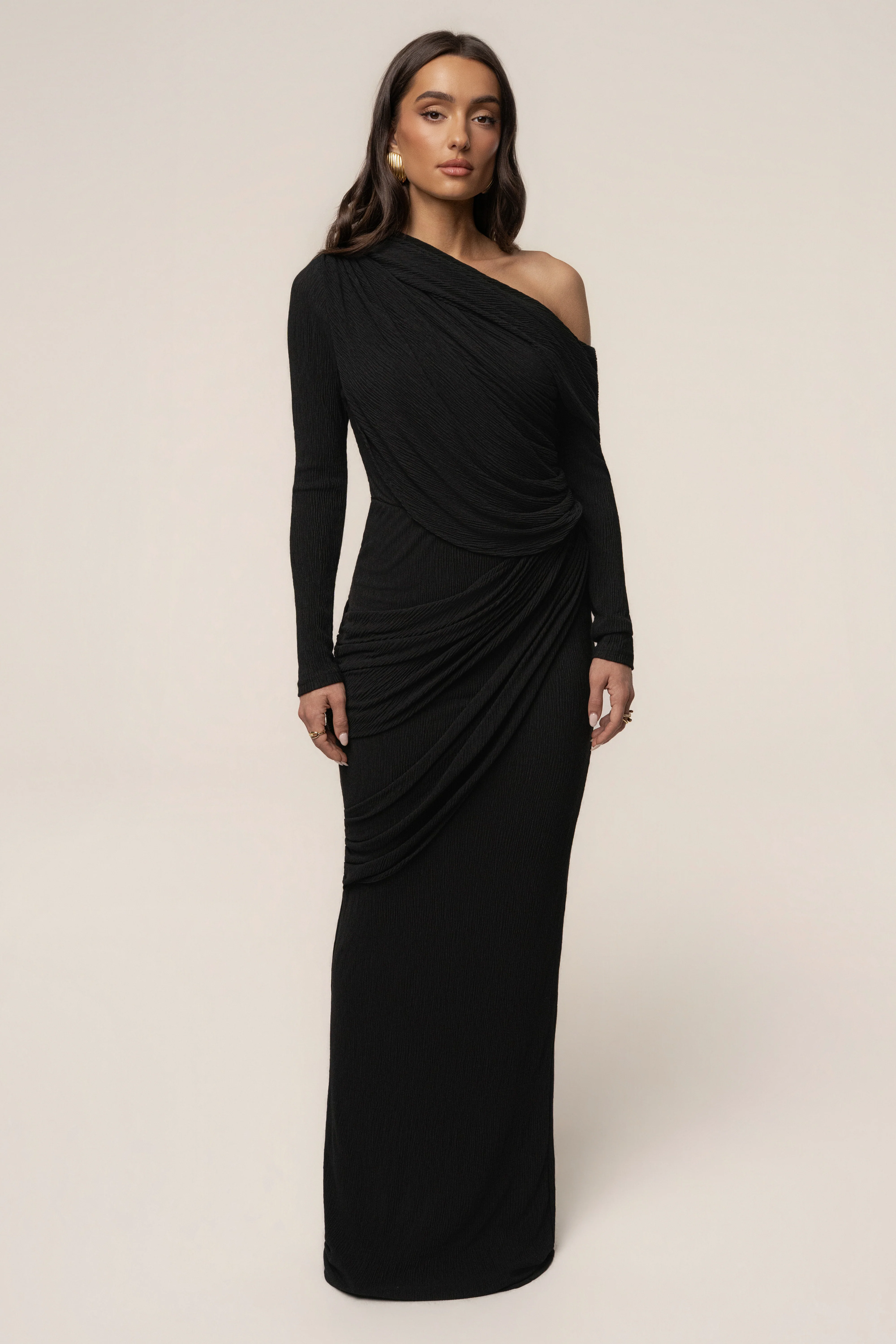 Black Textured One Shoulder Bodysuit