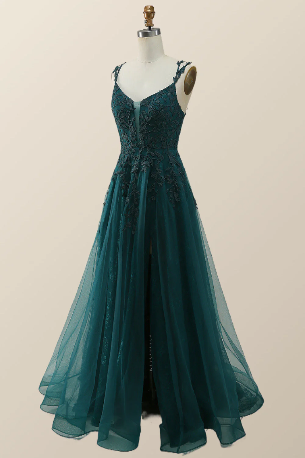 Dark Green Lace Appliques A-line Long Prom Dress