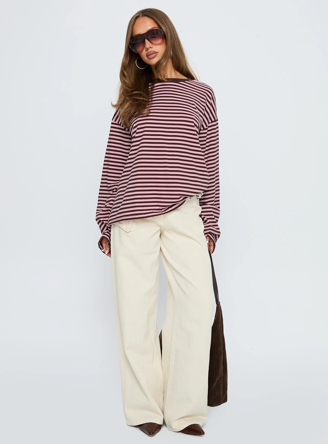 Settle Down Long Sleeve Top Pink / Brown Stripe