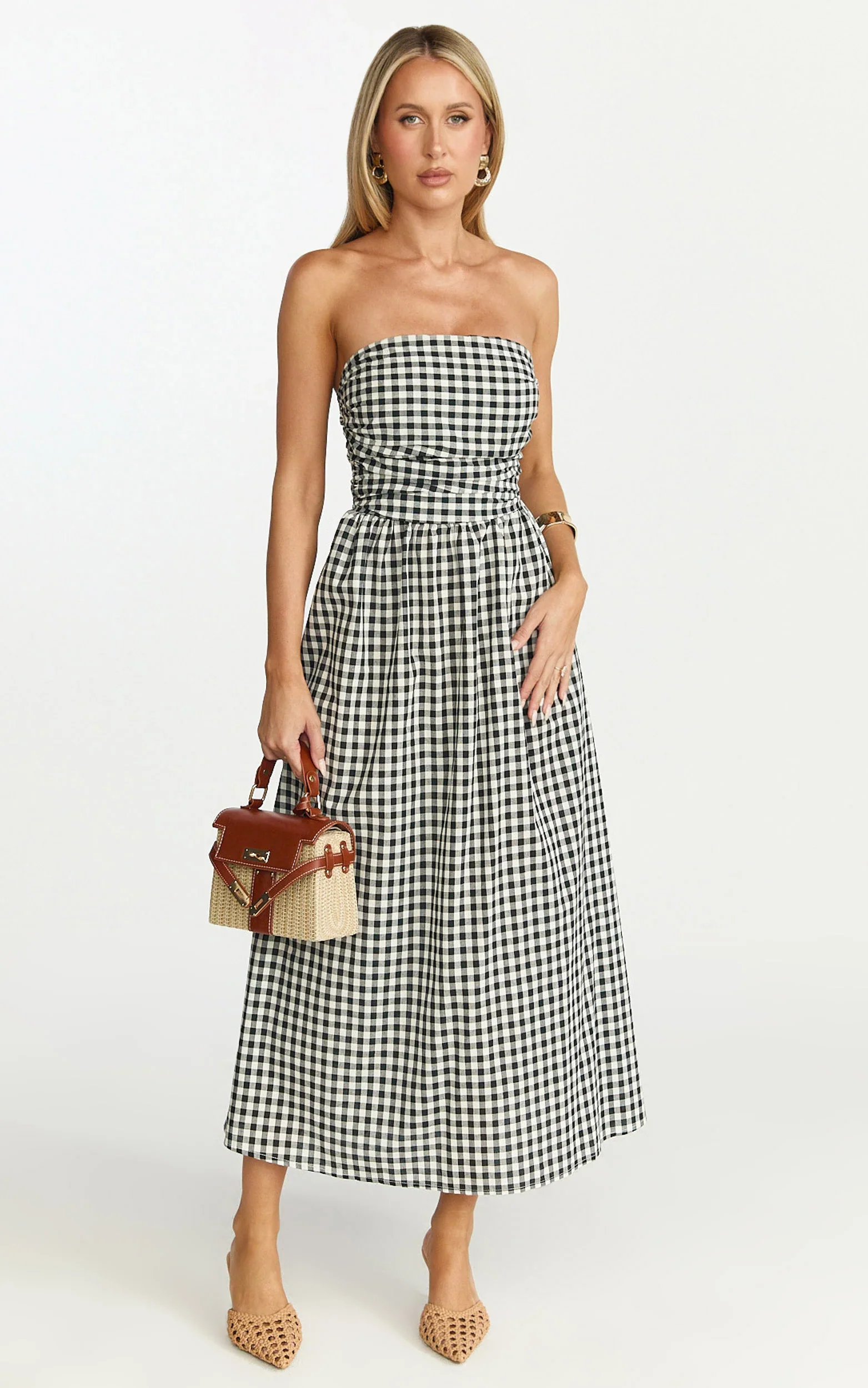 Polly Midi Dress - Strapless Ruched Dress in Black Check