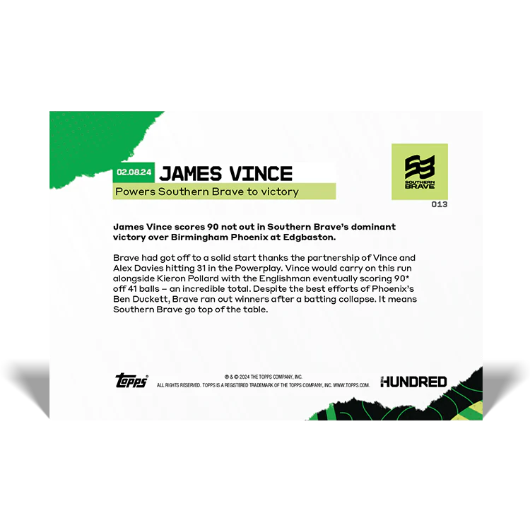 James Vince - Powers Southern Brave to victory - 2024 The Hundred TOPPS NOW® Card 13