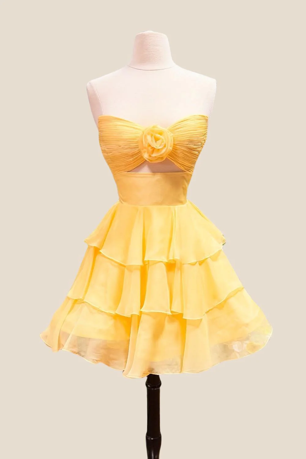 Strapless Green Pleated Tiered Short Dress with Rosette