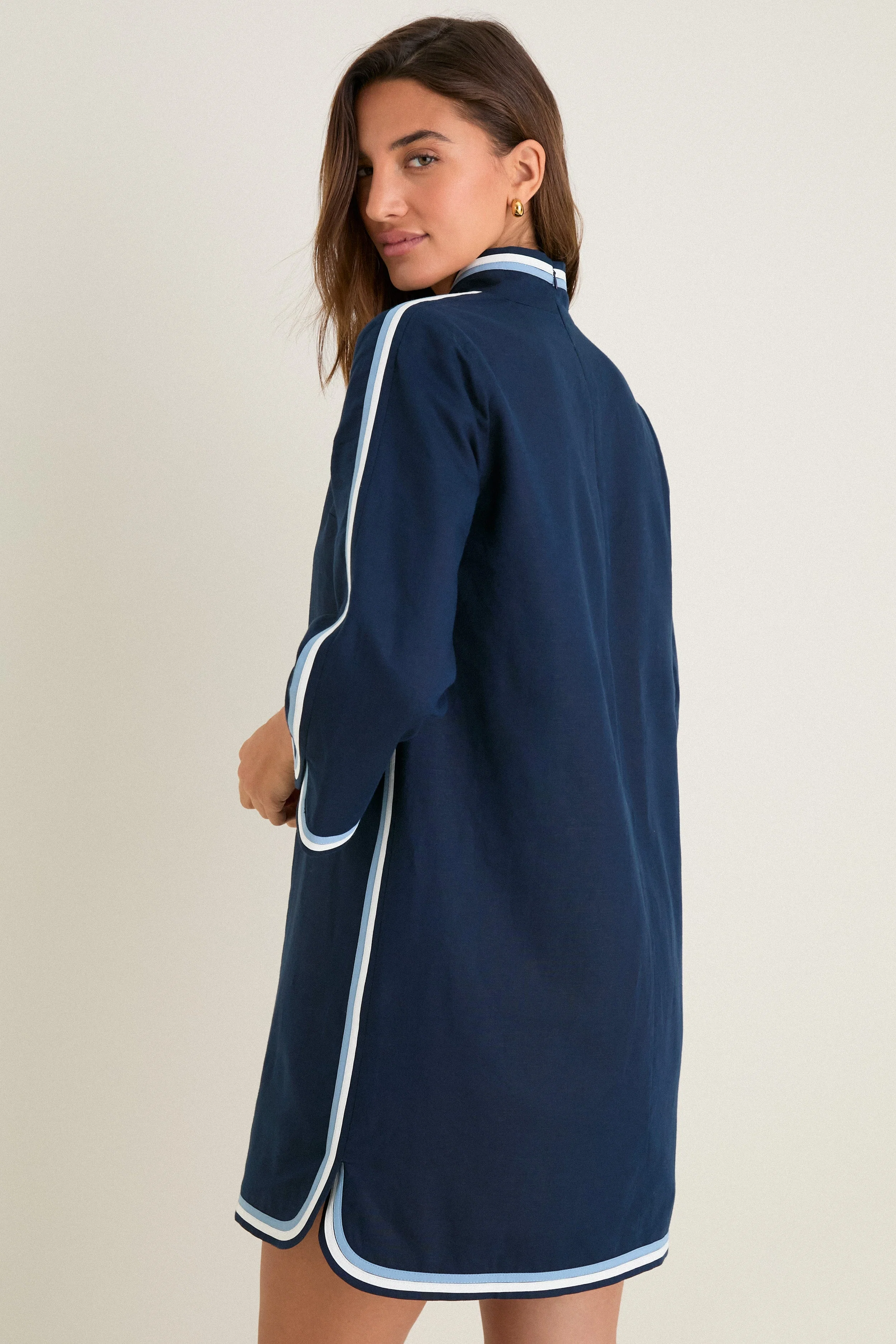 Navy Cotton Linen Contrast Trim Sabine Tunic Dress