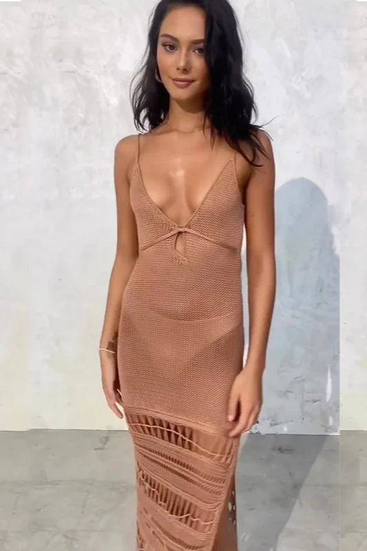 Knit Hollow Tie Fringe Cover Up
