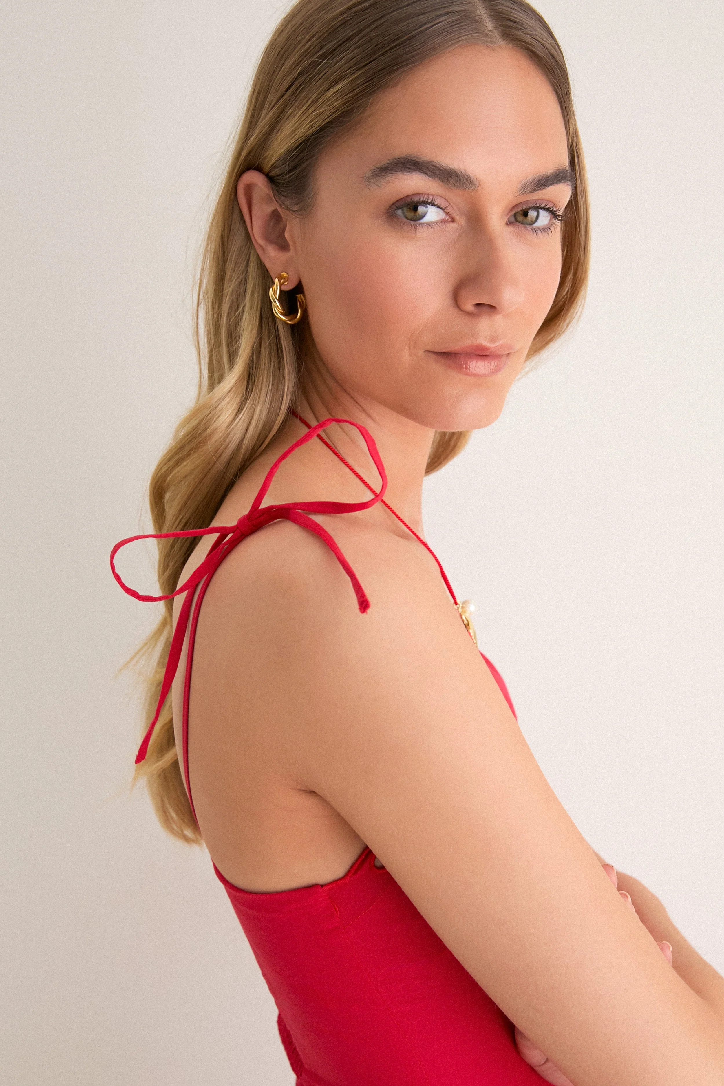 Red Eyelet Detail Midi Dress