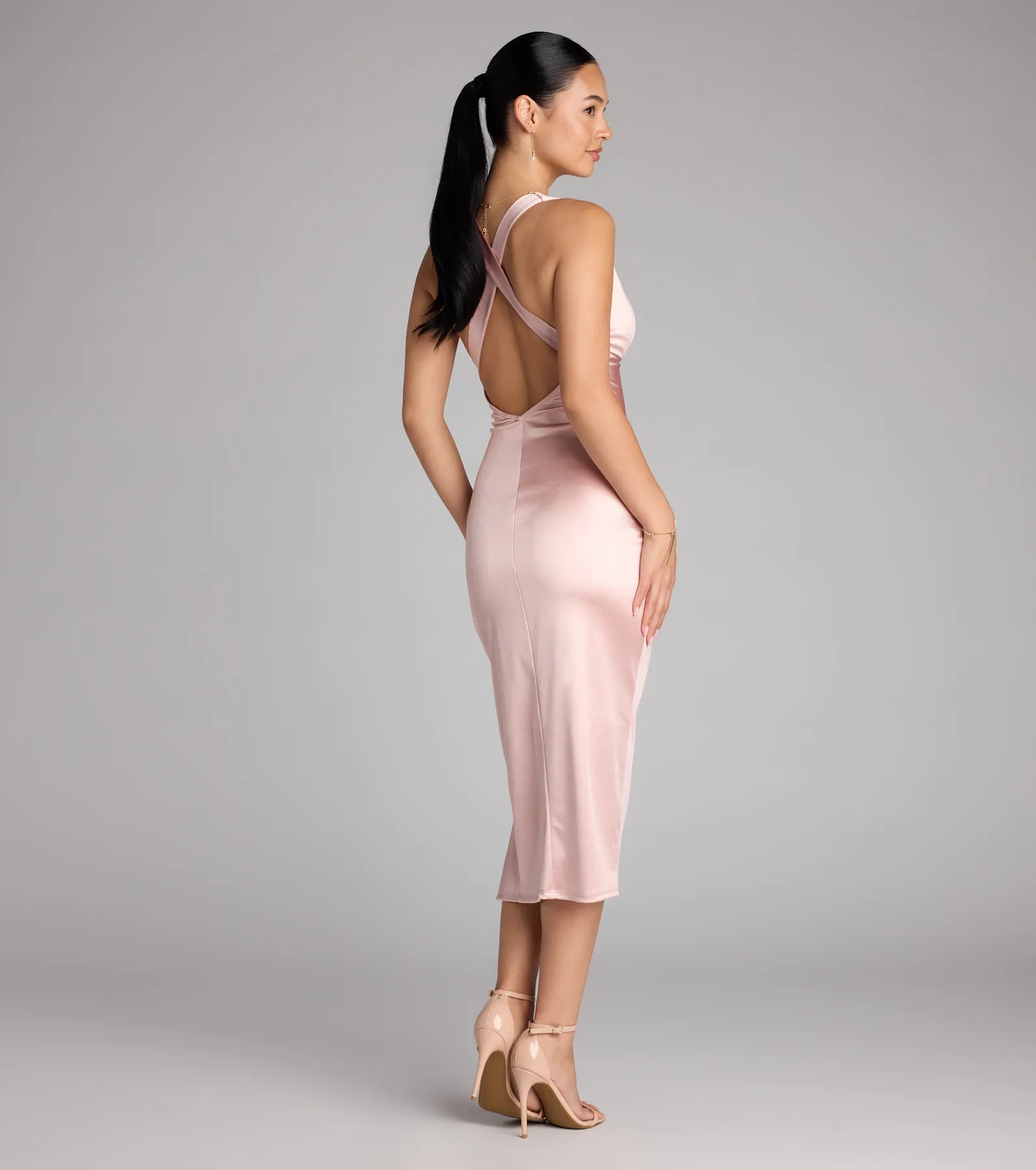 Abigail V-Neck Strappy Satin Midi Dress