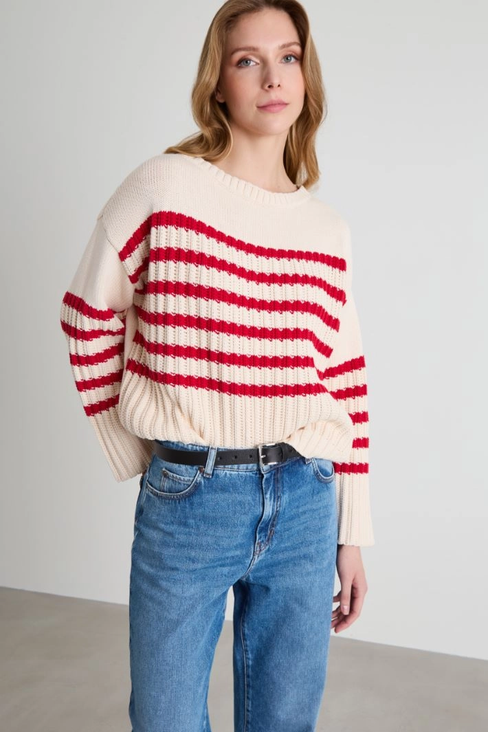Cotton boat-neck sweater - CREAM RED