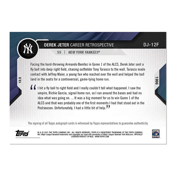 On-Card Chrome Auto # to 1 - Derek Jeter Career Retrospective Topps NOW® Chrome Card 12F