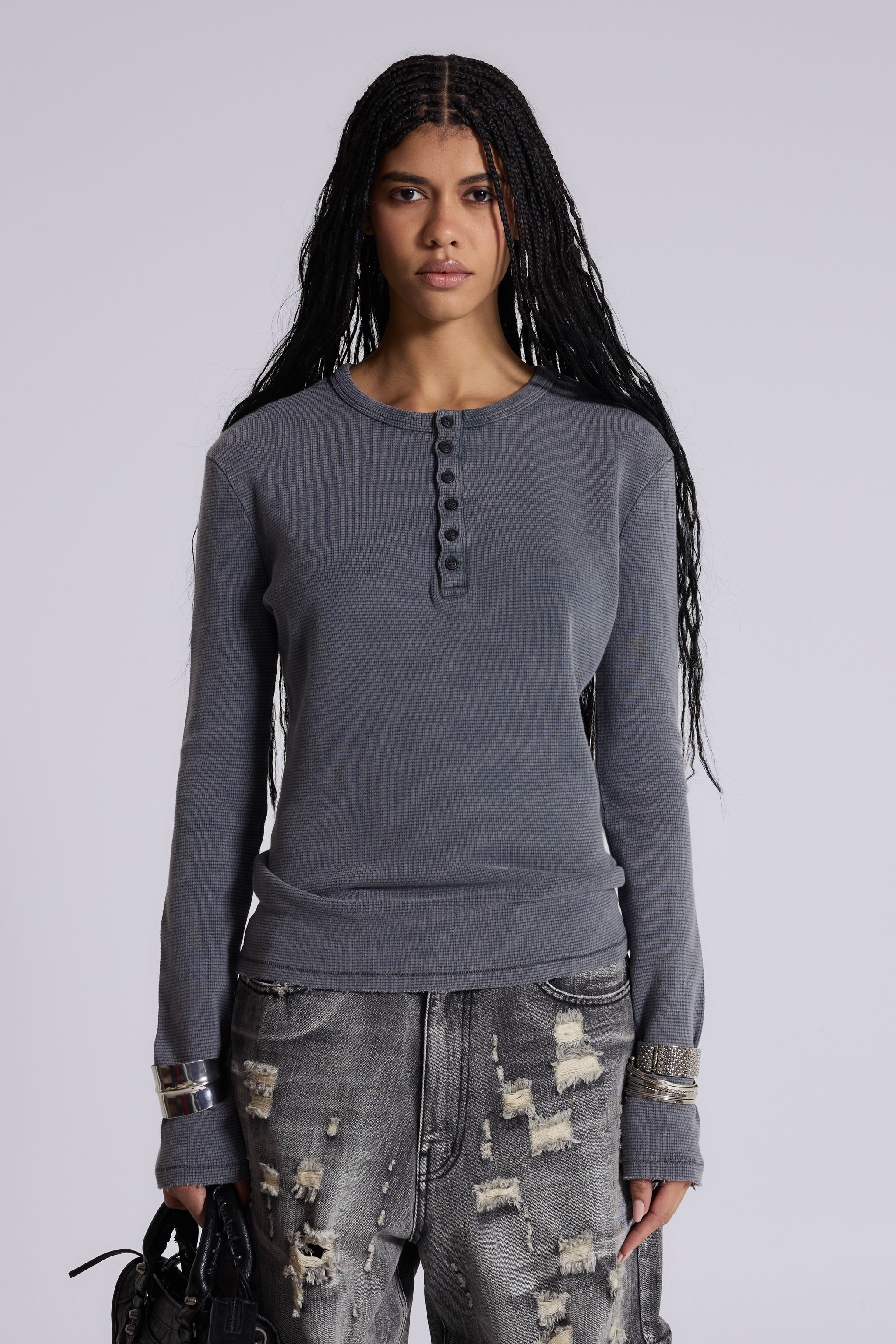 Charcoal Waffle Henley Top