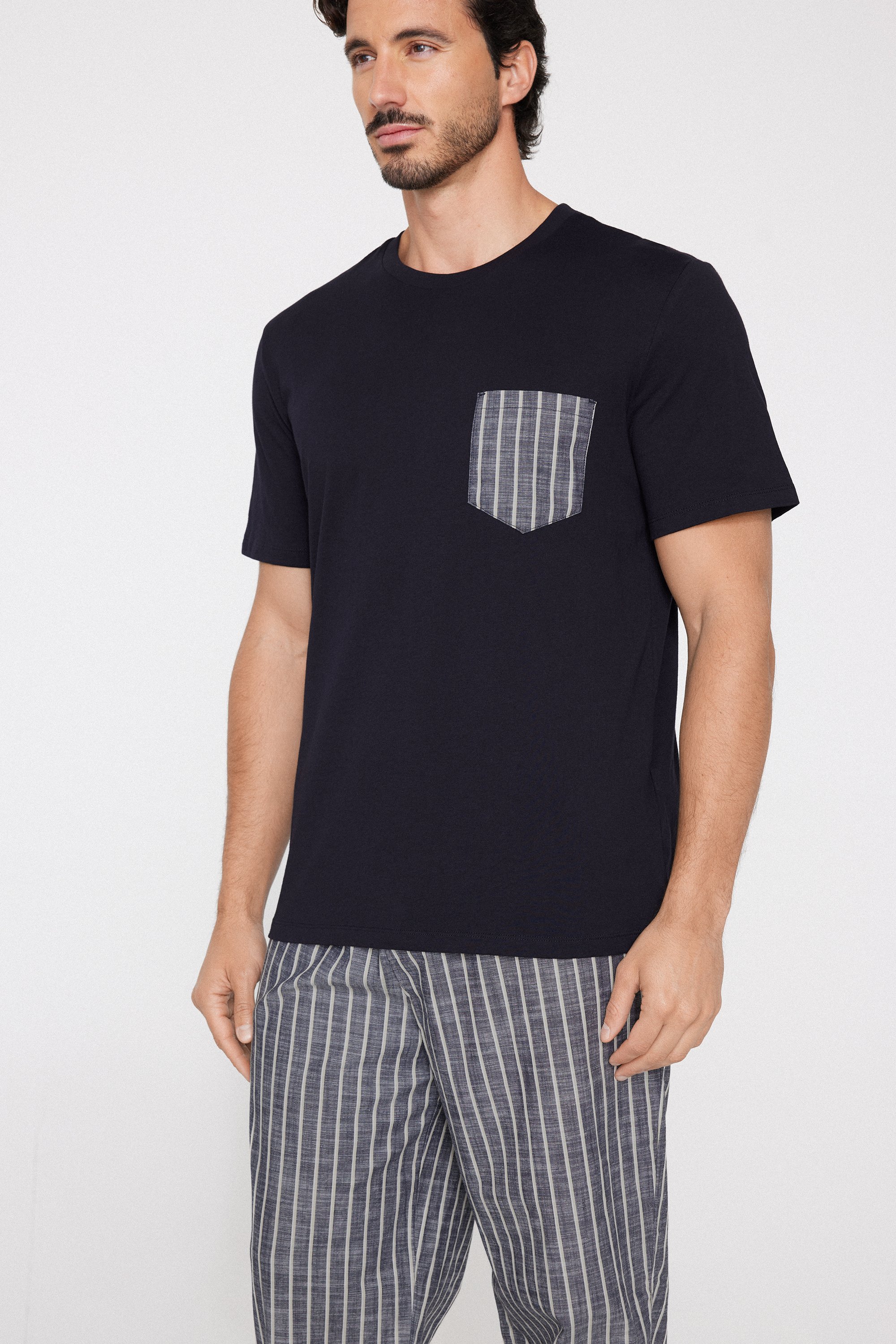 Short-Sleeved Long Cotton Pyjamas with Pocket