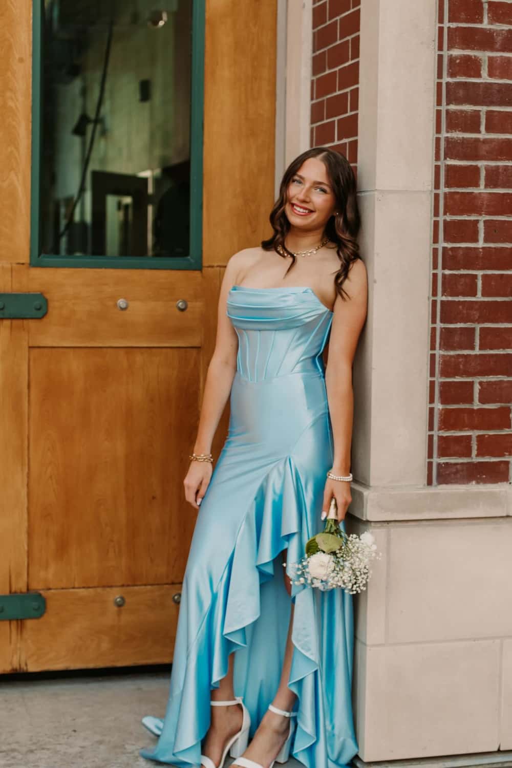 Light Blue Satin Cowl Neck Frill Slit Long Dress