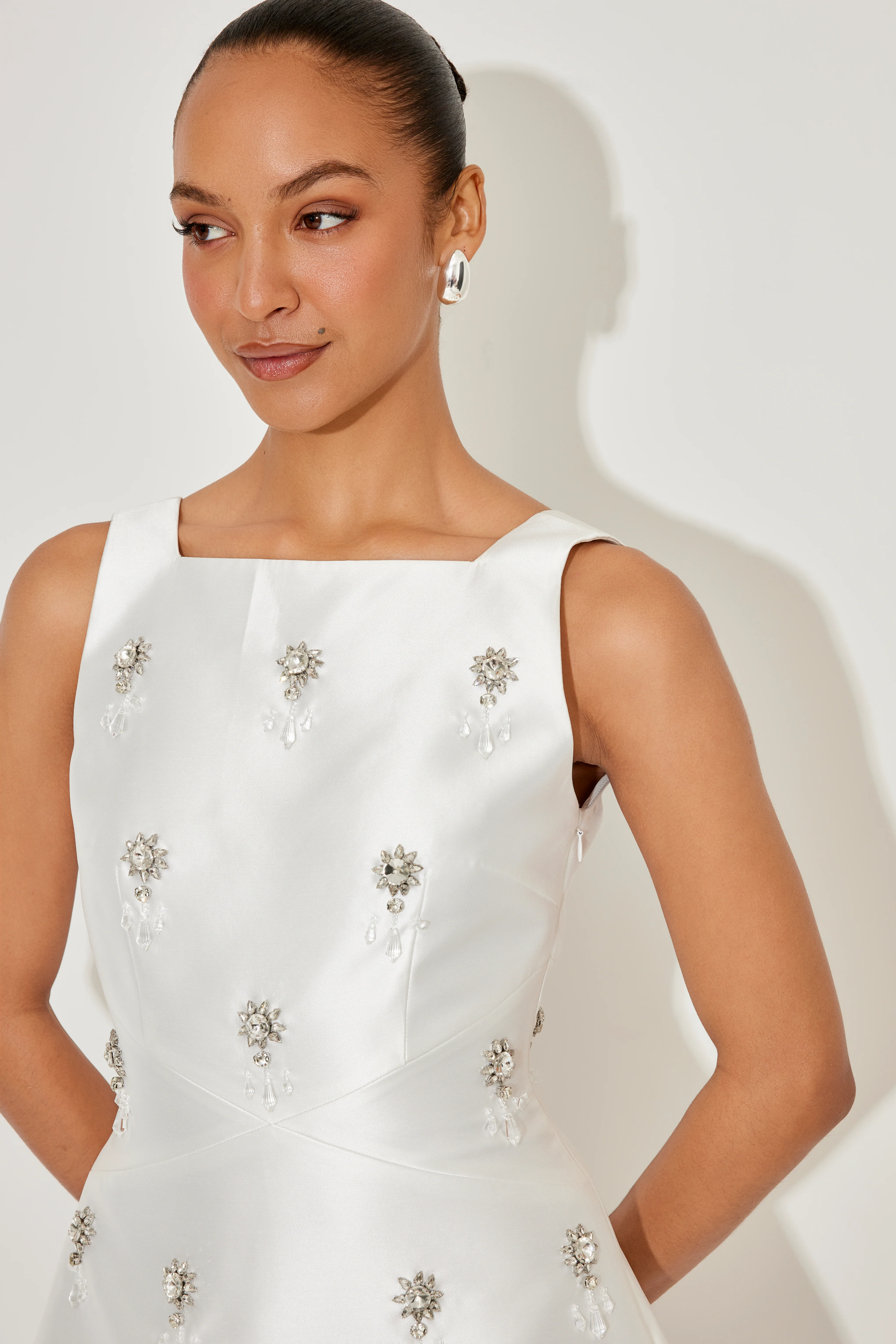 V-Back Satin Crystal Mini Dress