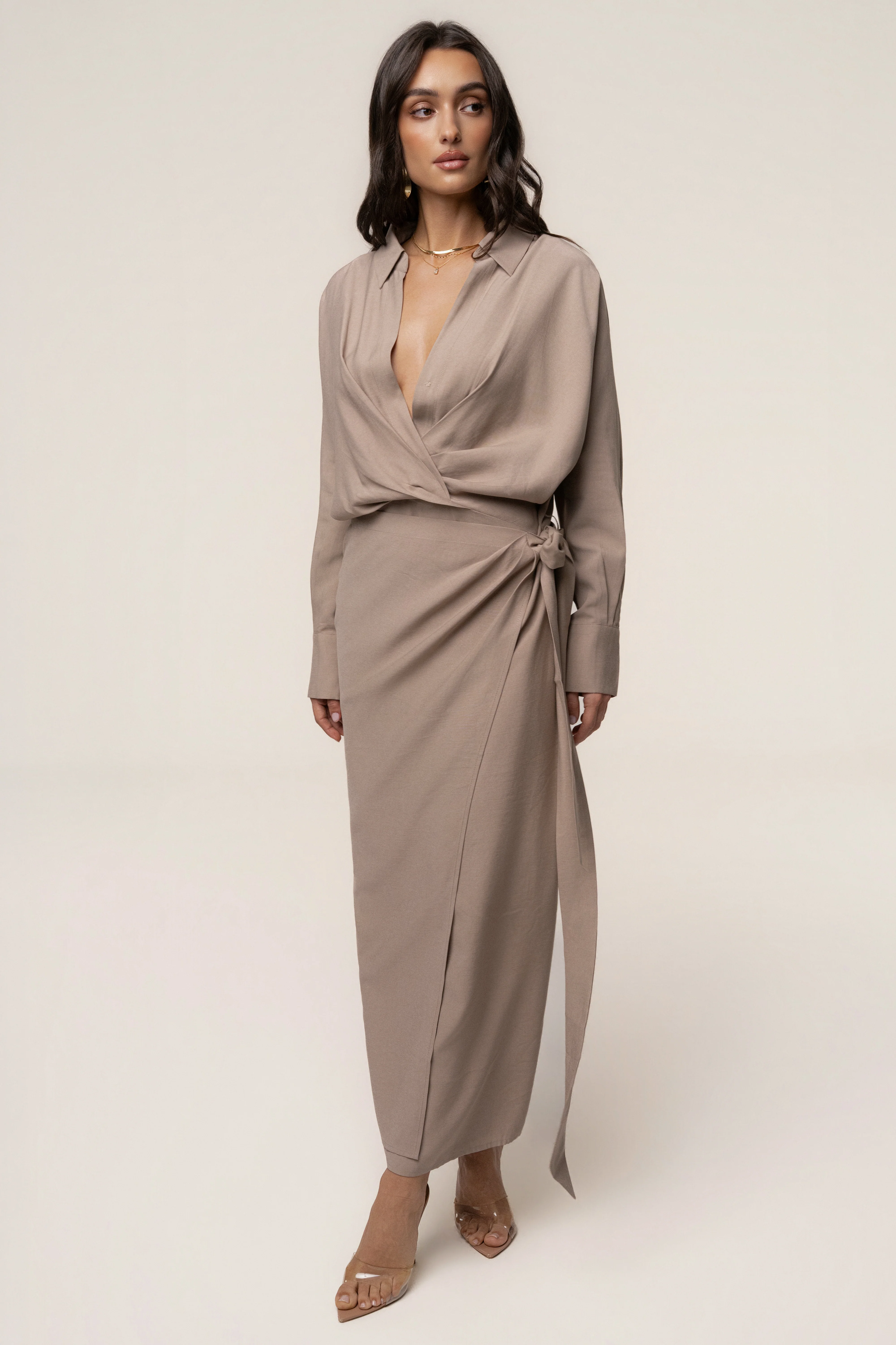 Beige Skyline Wrap Midi Dress