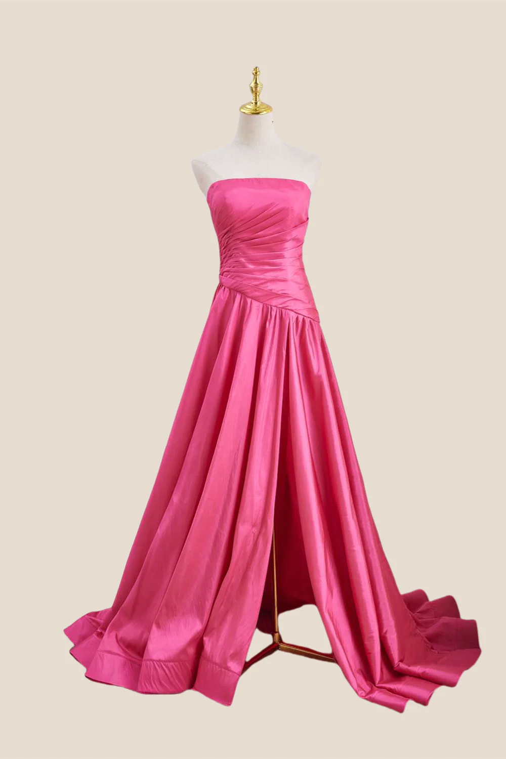 Strapless Hot Pink Ruched Long Formal Gown